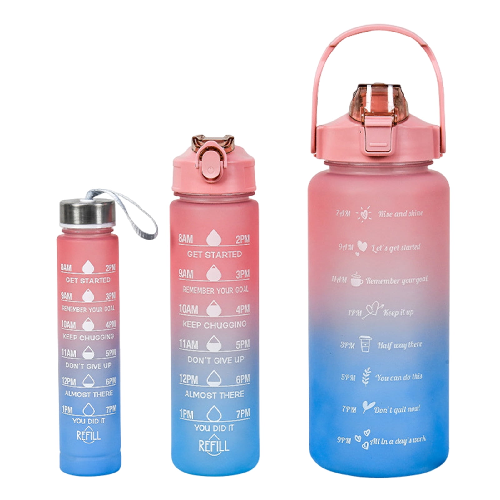 OIUR 3Pcs Silicone Straw Water Bottles Leakproof BPA Free Gradient Design 9/25/64oz Reusable Water Bottle with Time Markers for Gym Hiking