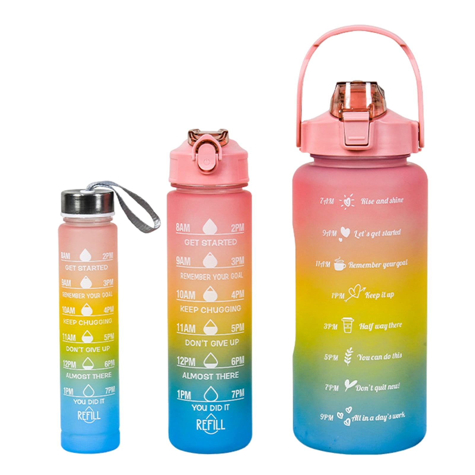 OIUR 3Pcs Silicone Straw Water Bottles Leakproof BPA Free Gradient Design 9/25/64oz Reusable Water Bottle with Time Markers for Gym Hiking