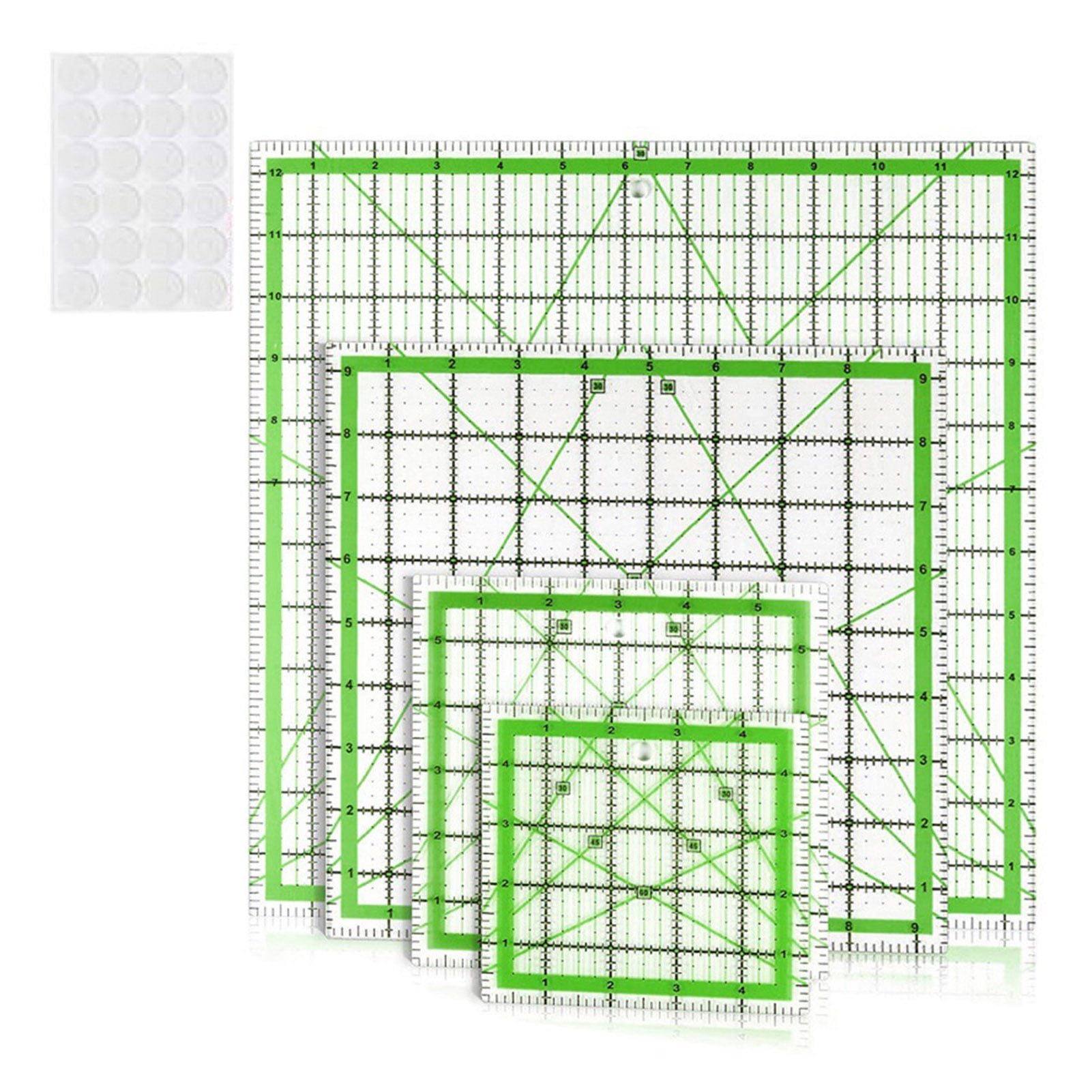 OIUR 4Pcs Acrylic Quilting Ruler with Non-Slip Rings 4.5/6/9.5/12.5-Inch Square Fabric Cutting Patchwork Ruler with Clear Mark DIY Sewing Craft Projects Template