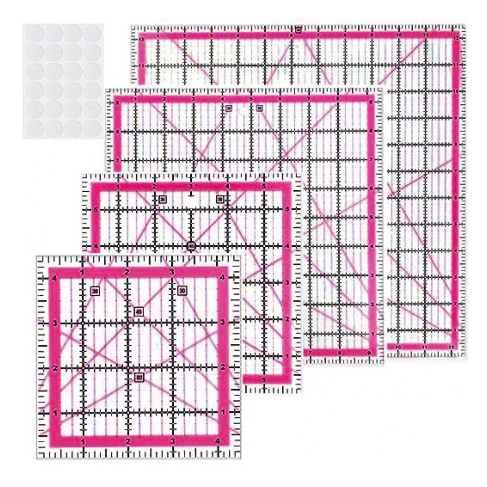 OIUR 4Pcs Acrylic Quilting Ruler with Non-Slip Rings 4.5/6/9.5/12.5-Inch Square Fabric Cutting Patchwork Ruler with Clear Mark DIY Sewing Craft Projects Template