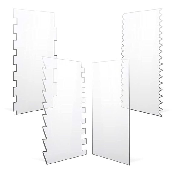 OIUR 4Pcs Cake Scraper Set Large Clear Acrylic Cakes Smoother Scraper Cake Stripes Edge Contour Comb for DIY Icing Frosting Buttercream Cream Decorating