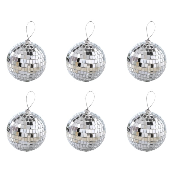 OIUR 6 Pcs Mini Silver Disco Balls, Hanging Mirror Disco Ball Ornaments, Reflective Mirror Ball Decoration with Rope for Party, Wedding, Christmas Tree Decor