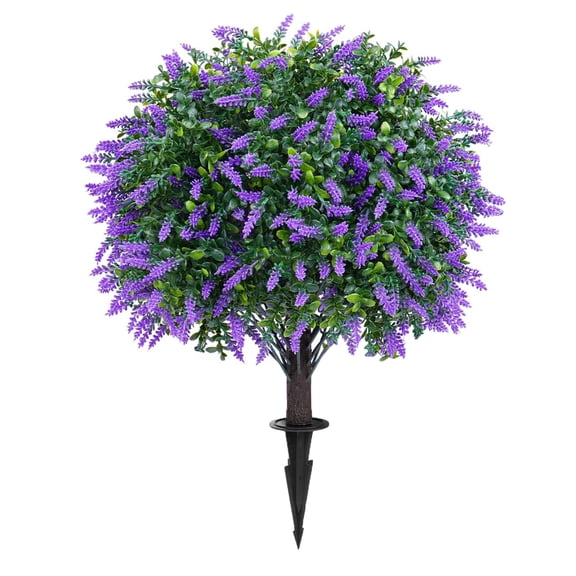 OIUR Artificial Topiary Ball with Lavender Flowers 16 Inches UV Resistant Faux Shrubs with Ground Spike Fake Evergreen Plant Artificial Brush for Indoor Outdoor Garden Decor