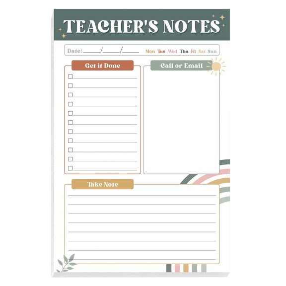 OIUR Bohemian Rainbow Teacher Notepad Gratitude Gift with To-Do Lists Contact Log & Notes Section Inspirational Planner for Educators