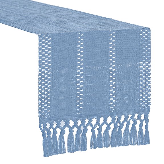 OIUR Boho Knitted Table Runner Handmade Rustic Table Runner with Tassels Cotton Linen Farmhouse Table Runner for Dining Table Sideboard Dresser Decor