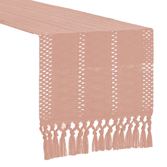 OIUR Boho Knitted Table Runner Handmade Rustic Table Runner with Tassels Cotton Linen Farmhouse Table Runner for Dining Table Sideboard Dresser Decor