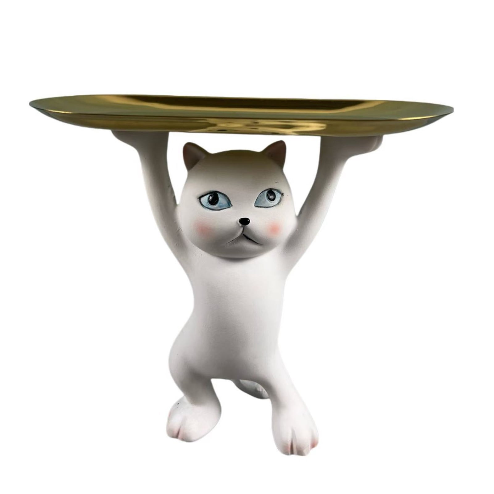 OIUR Cartoon Cat Key Storage Tray Resin Standing Cat Figurine Statue with Tray Multi-purpose Jewelry Trinket Holder Organizer Decoration