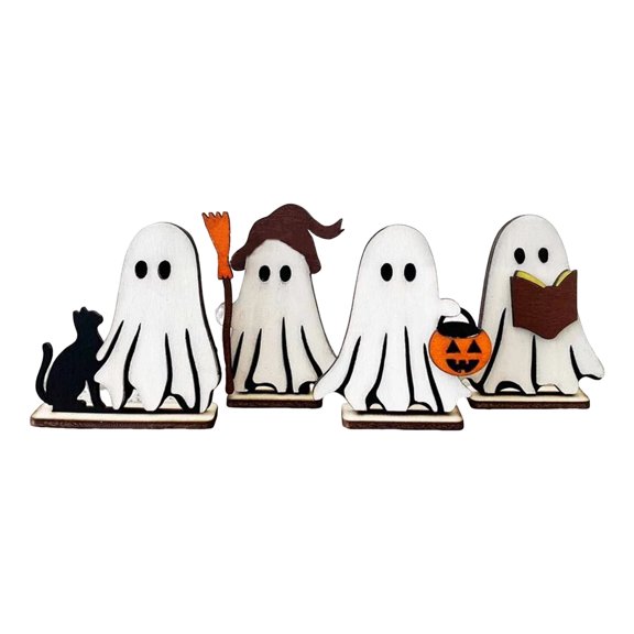 OIUR Cute Wooden Ghost Signs Halloween Indoor Tiered Tray Decor Ghost Theme Tabletop Centerpiece for Party Home Kitchen Shelf Decor