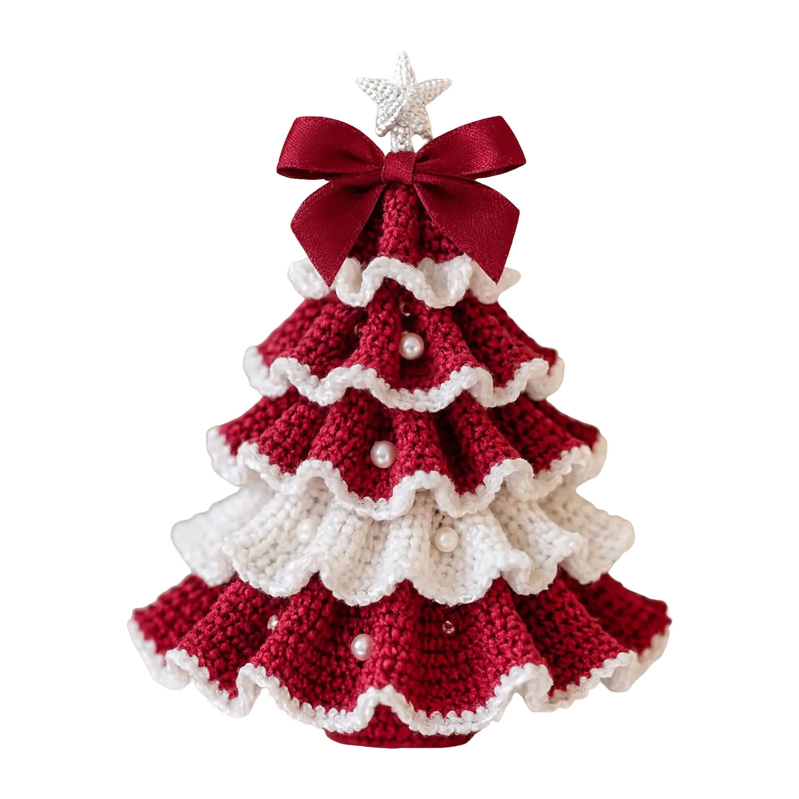 OIUR DIY Crochet Christmas Tree Kit Small Xmas Tree Craft Kit with Bow And Faux Pearl Handmade Holiday Decoration for Beginners