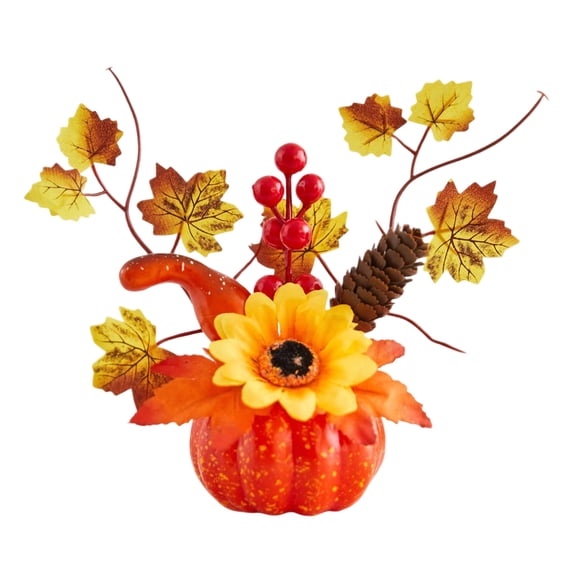 OIUR Fall Artificial Pumpkin Table Centerpiece, Autumn Fake Pumpkin Decoration with Sunflowers, Maple Leaves Berries for Thanksgiving, Halloween, Harvest Farmhouse Home Decor