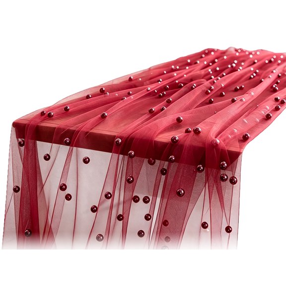 OIUR Faux Pearl Table Runner, Sheer Tulle Table Runner, Elegant Dining Table Overlay for Weddings, Holiday Parties
