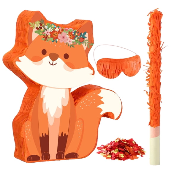 OIUR Fox Birthday Party Pinata Woodland Theme Pinata with Stick Blindfold Confetti for Animal Fox Themed Birthday Party Baby Shower Decor