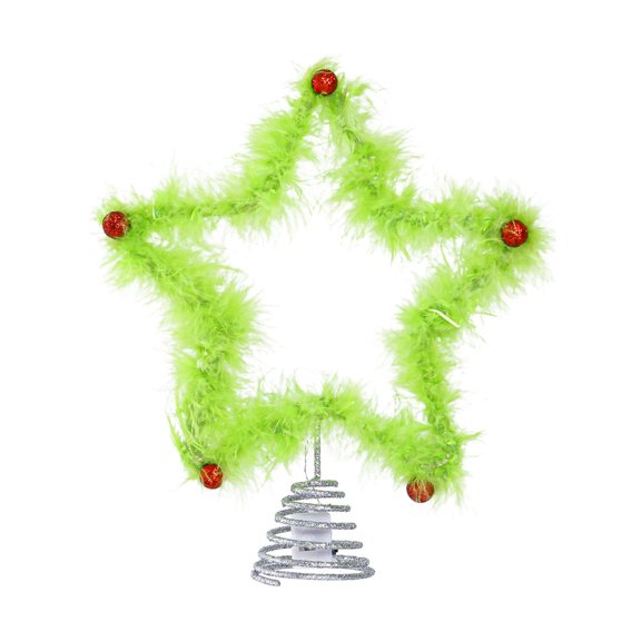 OIUR Furry Green Elf Tree Top Star 3D Plush Faux Fur Star Christmas Treetop Ornament with Red Balls for Xmas Tree Holiday Home Party Decor