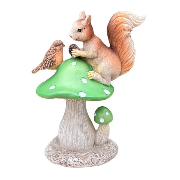 OIUR Garden Squirrel Statue Resin Squirrel Sitting on Mushroom Figurine Bird And Squirrel Sculpture for Yard Lawn Decoration Housewarming Gift