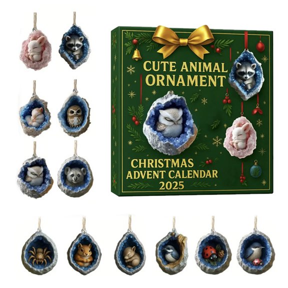OIUR Geode Animal Advent Calendar 2025 24 Days Countdown Calendar with 2D Acrylic Forest Crystal Cave Animals Ornaments for Christmas Tree Decor