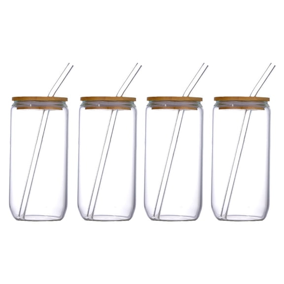OIUR Glass Tumbler with Bamboo Lid Brushes Straw 470ml Can Shaped Glass Cups for Iced Coffee Soda Tea Beer & Ice Coffee Glasses Reusable Glassware
