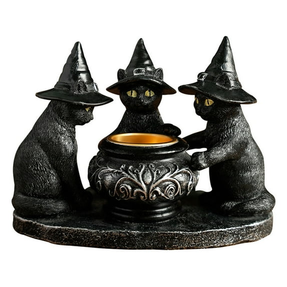 OIUR Halloween Black Cats Candle Holder Gothic Resin Cat with Witch Hat Statue Tea Light Holder for Indoor Party Mantel Coffee Table Centerpiece
