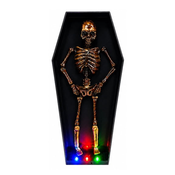 OIUR Halloween Dancing Skeleton in Casket, Light Up Musical Toy with LED Lights, Spooky Animated Decor, Party Haunted House Props
