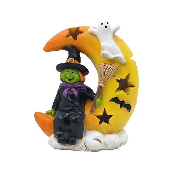 OIUR Halloween Decoration Light Up Ghost Pumpkin Witch Moon Figurine Spooky Glowing Resin Statue Tabletop Ornament for Living Room Kitchen Home Decor