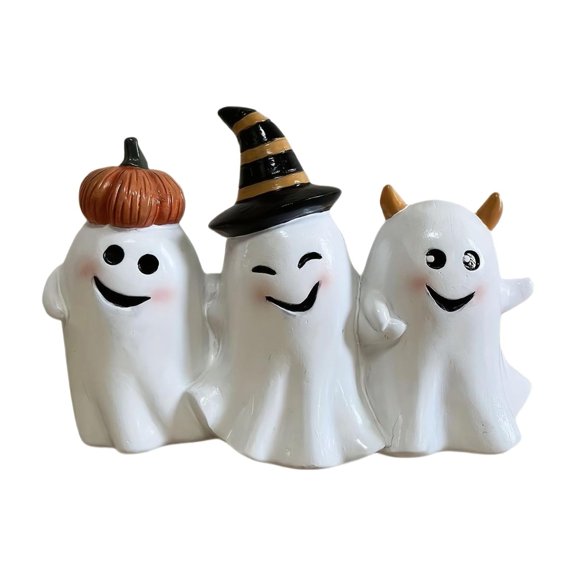 OIUR Halloween Ghost Figurine Cute 3 Ghosts Holding Hands Statue Resin Tabletop Ornament for Indoor Bookshelf Windowsill Decor