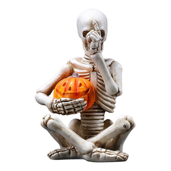 OIUR Halloween Holding Pumpkin Skeleton Figurine Creepy Sitting Skeleton Resin Statue Sculpture Holiday Party Decoration Ornament