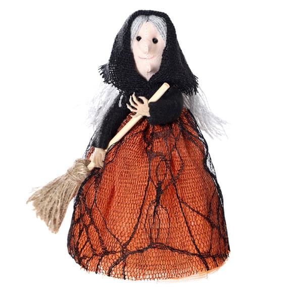 OIUR Halloween Kitchen Witch Doll, Small Witch Statue with Broom, Tabletop Party Decoration for Table Fireplace Holiday Home Decor