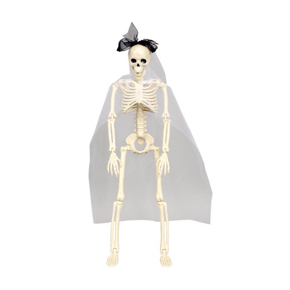 OIUR Halloween Skeleton Bride Groom Statue 15 Inch Plastic Posable Skeleton Wedding Couple Hanging Ornament with Veils Robe for Haunted House Decor