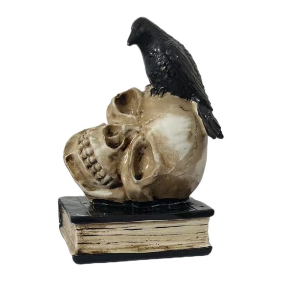 OIUR Halloween Skull Head Statue, Gothic Skull Crow And Book Sculpture, Spooky Resin Skull Statue for Home Party Table Centerpiece