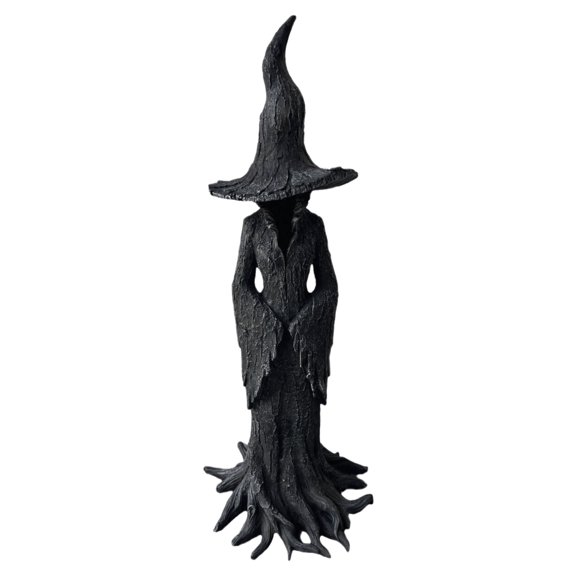 OIUR Halloween Tree Root Witch Statue Spooky Black Witch Figurine Resin Sculpture Home Office Holiday Party Decoration Ornament