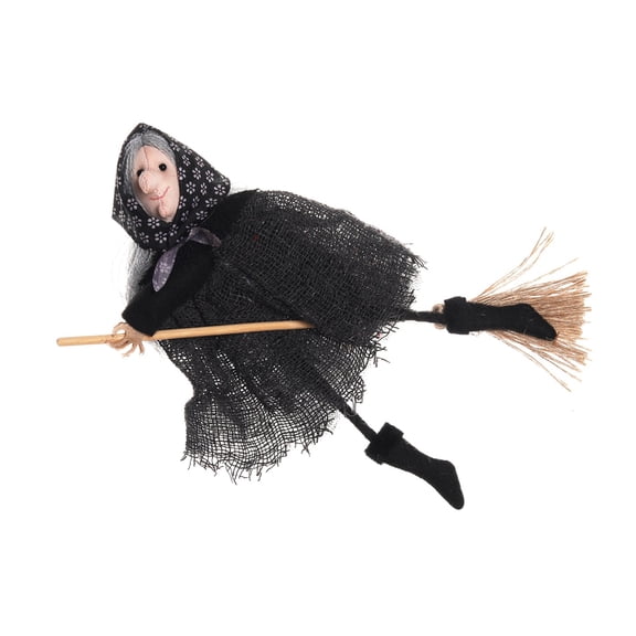 OIUR Halloween Witch Doll Small Hangable Witch Ornament Decorative Flying Witch Figurine on Broomstick for Indoor Outdoor Tree Home Kitchen Decor