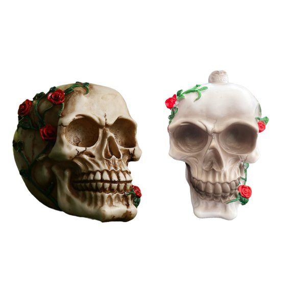 OIUR Human Skull with Rose Small Rose Flower Vine Skeleton Statue Collectible Figurine for Gothic Home Tabletop Decor