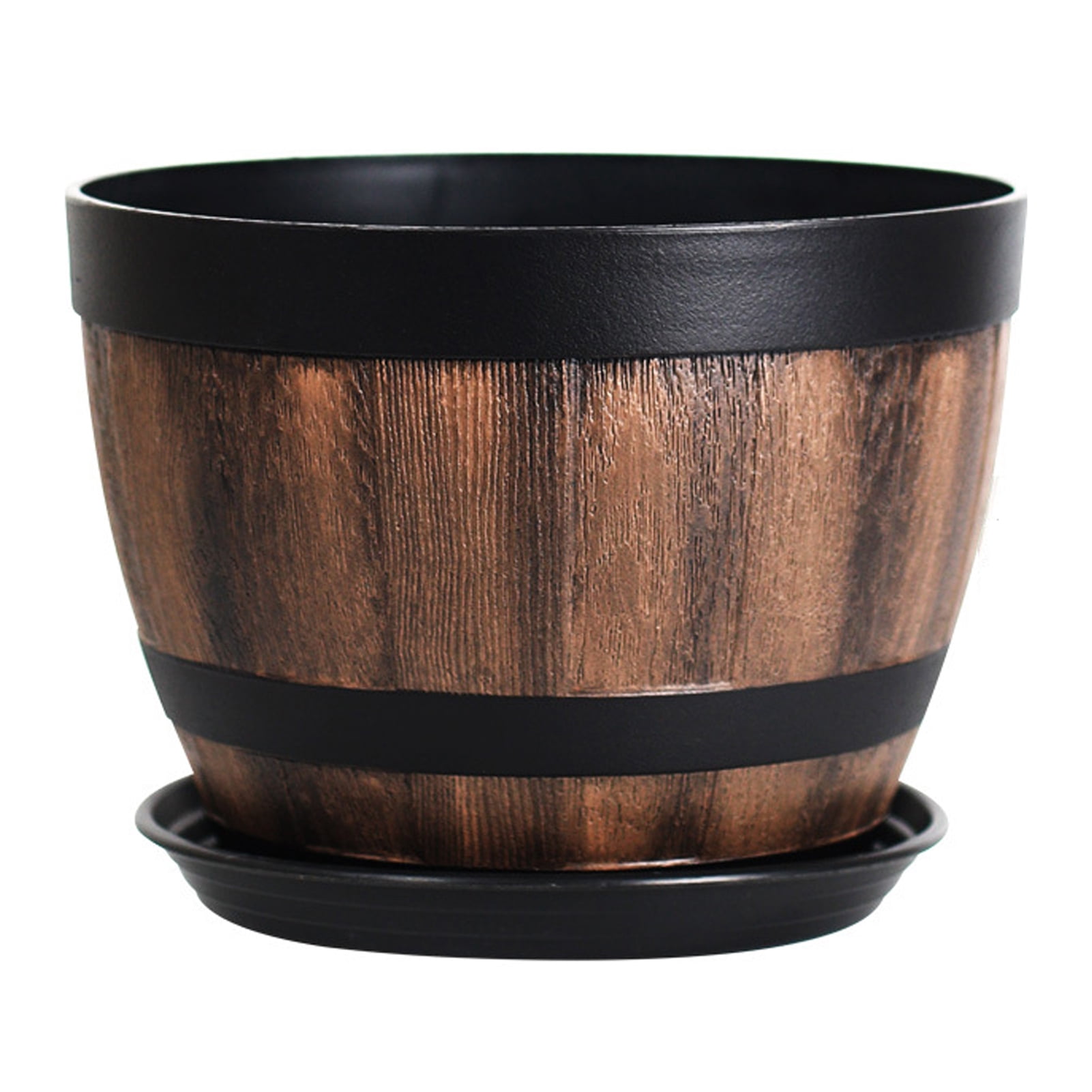OIUR Large Flower Pot Whiskey Barrel Design Plant Pot with Drainage Holes Saucer Lotus Planter Rustic Garden Pots for Herbs Outdoor Planting
