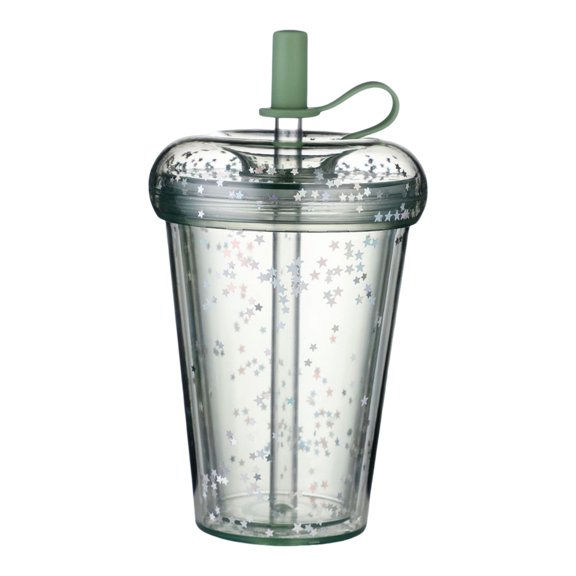 OIUR Leak-proof Iced Coffee Cup Reusable Straight Pipette Cup with Built-in Straws Double Wall Insulated Iced Coffee Tumbler Cartoon Drinking Cup