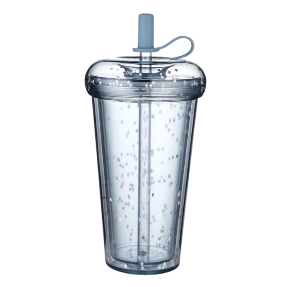 OIUR Leak-proof Iced Coffee Cup Reusable Straight Pipette Cup with Built-in Straws Double Wall Insulated Iced Coffee Tumbler Cartoon Drinking Cup