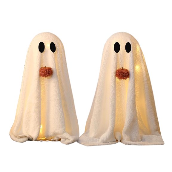 OIUR Light-Up Sherpa Ghosts with Pumpkin Cute Ghost Tabletop Decoration for Halloween Indoor Home Kitchen Fireplace Decor