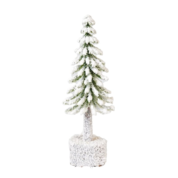 OIUR Mini Christmas Tree Artificial Bottle Brush Tree with Wooden Base Small Snow Frost Flocked Pine Tree for Winter Tabletop Home Decor