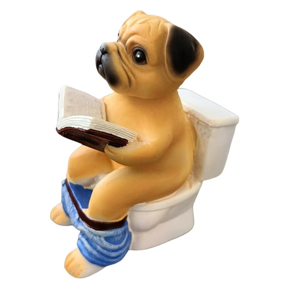 OIUR Pug Sitting on Toilet Figurine Reading Book Dog Resin Statue Puppy Animal Sculpture Home Office Desktop Decoration Ornament