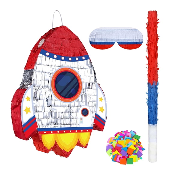 OIUR Pull String Rocket Ship Pinata Rocket Pinatas with Blindfold Bat Stick Confetti for Kids Space Themed Birthday Party Supplies