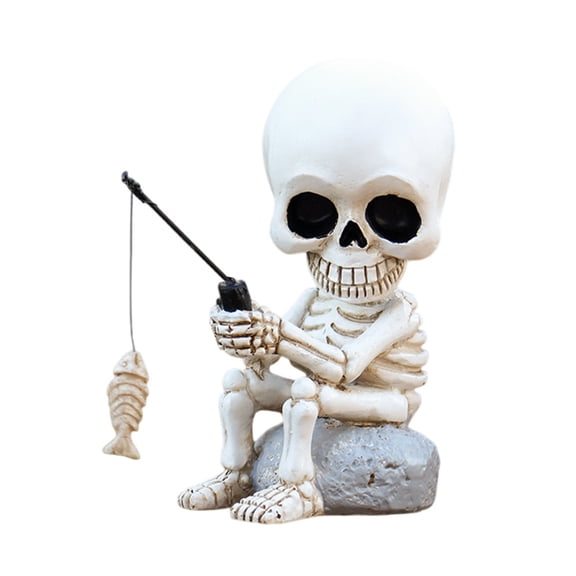 OIUR Shaking Head Fishing Skull Resin Mini Skeleton Fisher Sculpture Halloween Gothic Decor Garden Pond Fountain Decor