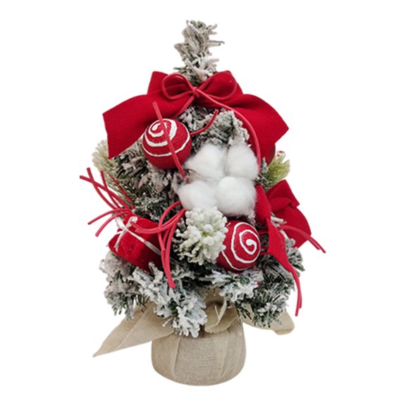 OIUR Snowy Mini Christmas Tree Small Tabletop Artificial Flocked Tree with Balls Bow And Cloth Bag Base for Home Office Desk Decor