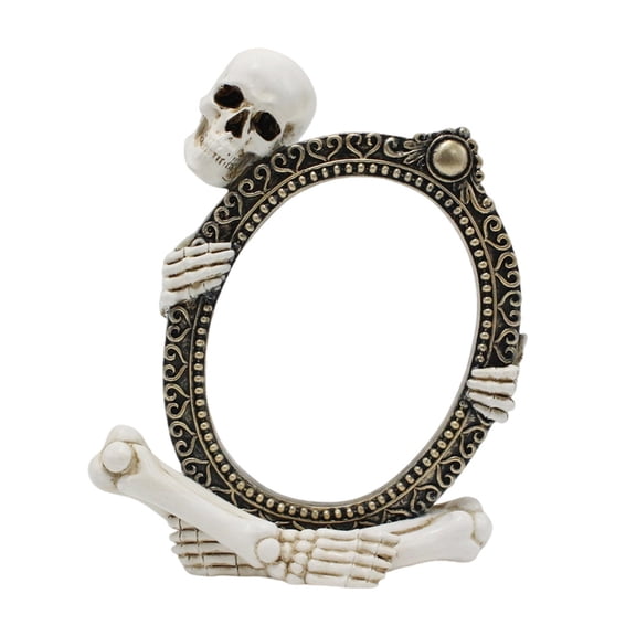OIUR Vintage Skeleton Mirror Frame Statue Gothic Halloween Skull Hold Mirror Figurine Resin Skeleton Sculpture for Shelf Mantel Home Office Decor