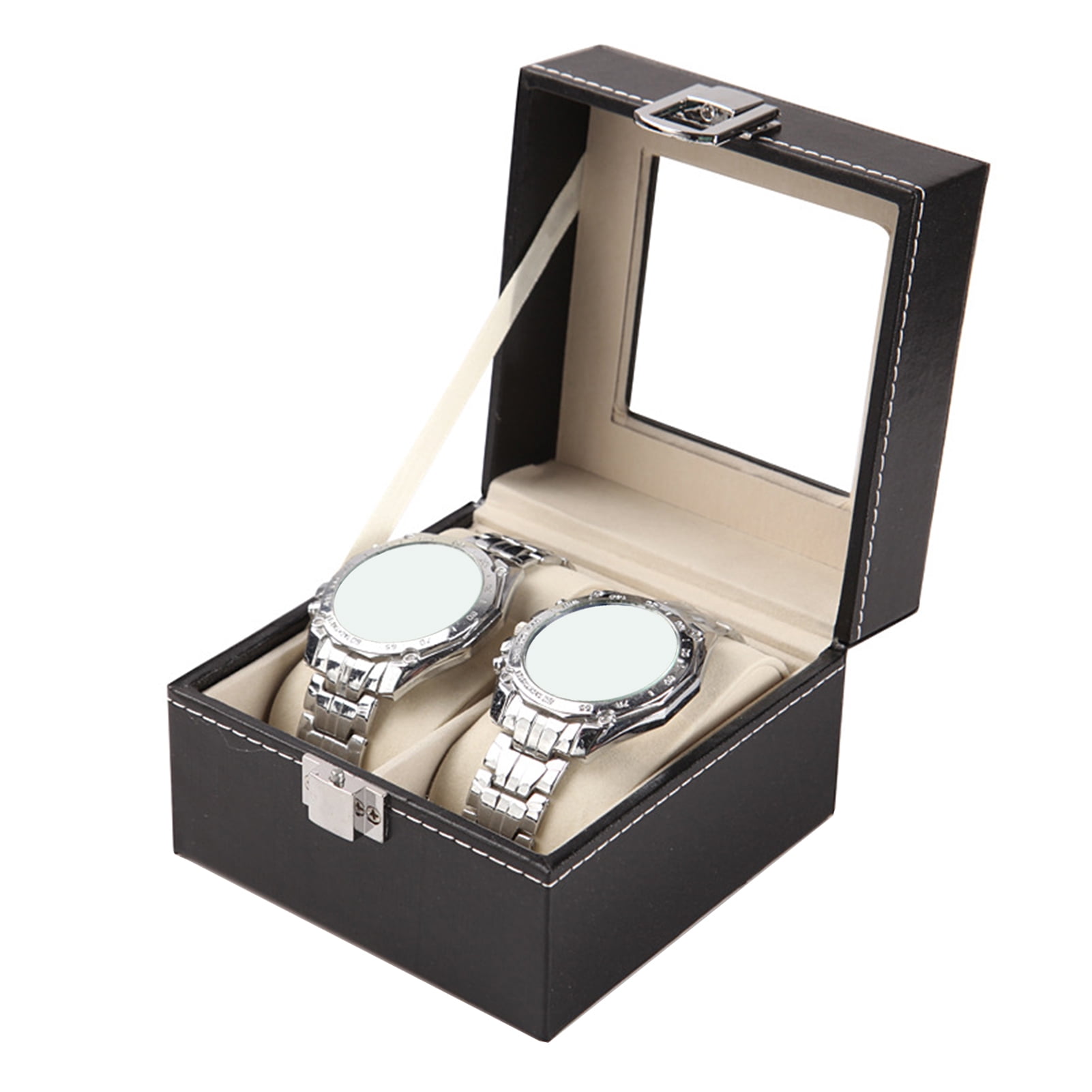 OIUR Watch Storage Box with Transparent Window And Lock Wooden Bracelet Organizer Faux Leather Dustproof Jewelry Storage Case