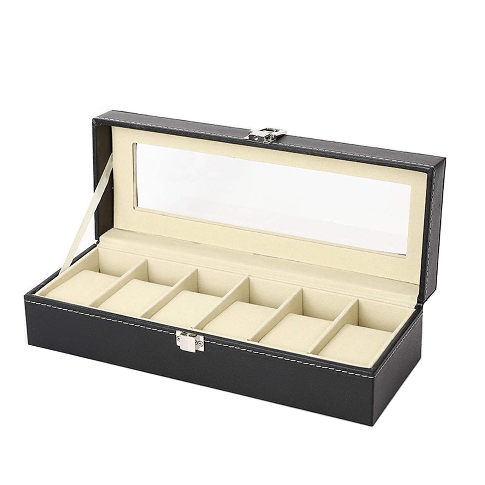 OIUR Watch Storage Box with Transparent Window And Lock Wooden Bracelet Organizer Faux Leather Dustproof Jewelry Storage Case