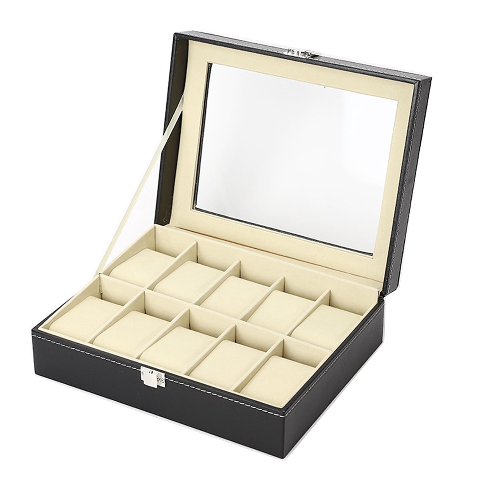 OIUR Watch Storage Box with Transparent Window And Lock Wooden Bracelet Organizer Faux Leather Dustproof Jewelry Storage Case