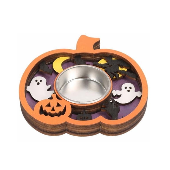 OIUR Wooden Candle Plate Holder Tray Tabletop Tealight Pillar Display Tray Wood Pumpkin Bat Ghost Maple Leaf Table Centerpiece for Halloween Thanksgiving Fall Decor
