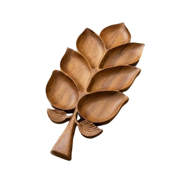 OIUR Wooden Leaf Serving Tray, 7 Compartment Wooden Snack Platter, Dry Fruit & Nuts Dish, Rustic Decorative Charcuterie Board for Party Coffee Table Centerpiece Housewarming Gift