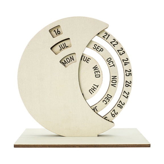 OIUR Wooden Rotating Circular Perpetual Calendar Manual Rotatable Disc Calendar Desk Decor for Home Office School