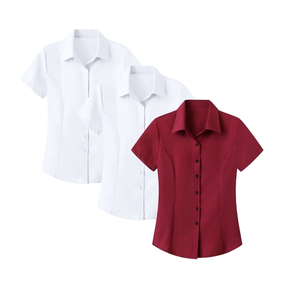 OIUUAK 3 Pack Women's Basic Blouse Slim Fit Stretchy Button Up Collared Shirt Lightweight Solid Casual Tops Versatile Daily Wear Going Out Tee, C