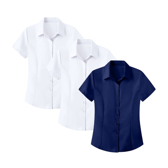 OIUUAK 3 Pack Womens Work Shirts Short Sleeve Stretch Button Down Collared Blouse Waitress Server Uniform Tops Wrinkle Resistant Professional Business Casual, F