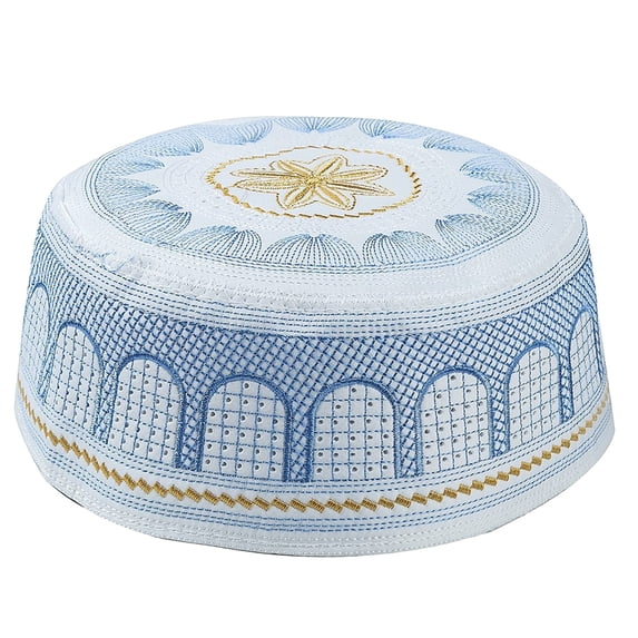 OIUUAK Muslim Prayer Hat for Men Islamic Skull Cap Embroidery Beanie Headwear, Soft Breathable Cotton Kofia Style for Ramadan Eid Gift, Blue